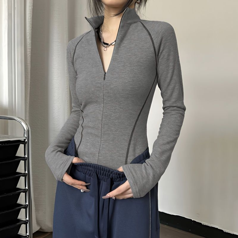 LEIYU double-sided German velvet half turtleneck bottoming shirt for women spring new tight long-sleeved top European and American ins hot girl T-shirt