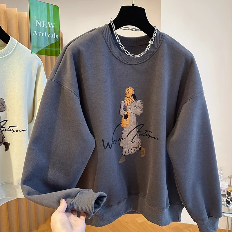 Original workmanship Korean design loose casual flocked printed sweatshirt women's autumn and winter round neck age-reducing top trendy