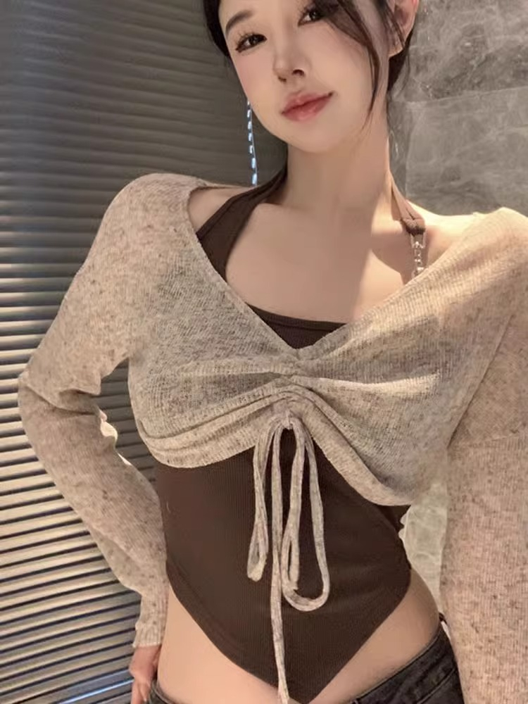 大碼辣妹套裝打底掛脖吊帶背心外搭罩衫兩件套秋季顯瘦短款女上衣