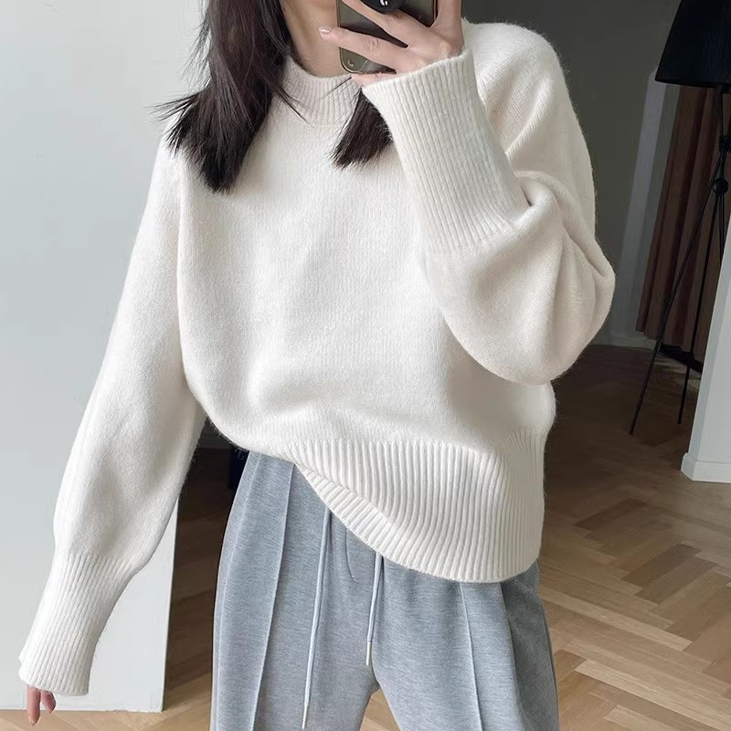 韓版簡約白色圓領套頭毛衣女加厚保暖秋冬新款長袖打底針織衫