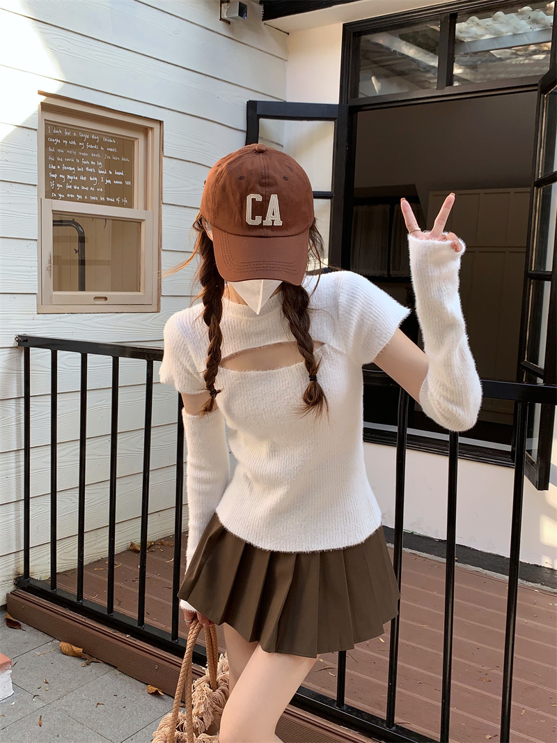 實拍  秋冬純欲性感辣妹袖套設計感毛絨上衣女針織打底衫內搭