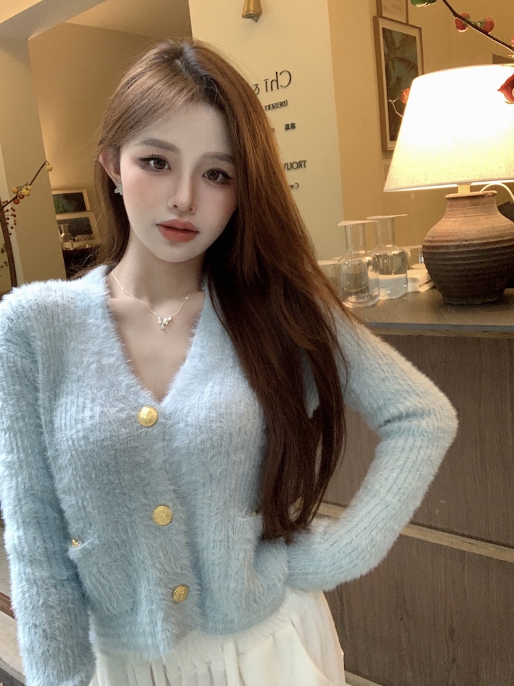 實拍 純欲風辣妹短款上衣女設計感小眾馬海毛針織外套別致毛衣