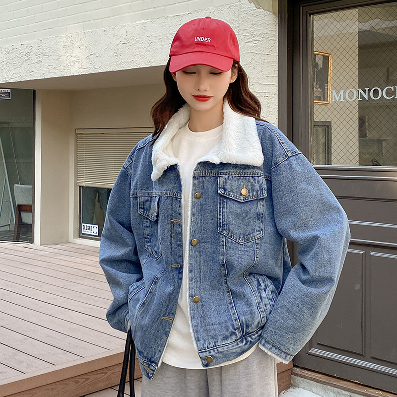 實拍~大毛領牛仔外套女加絨加厚寬鬆小個子棉服2023年新款潮