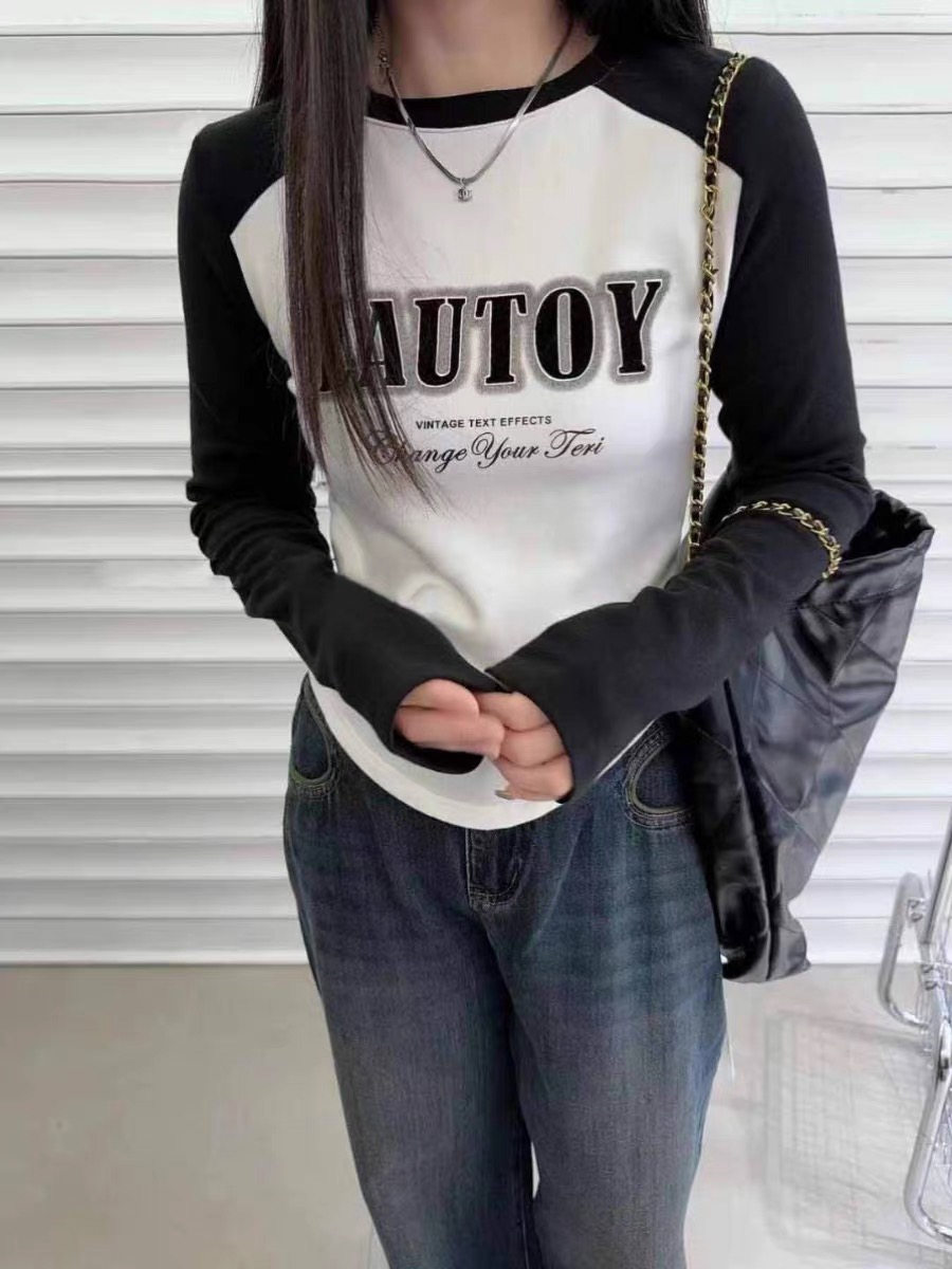 2023 Autumn and Winter Korean Style New Slim Fit Color Block Letter Arc Hem Plus Velvet Long Sleeve T-Shirt for Women