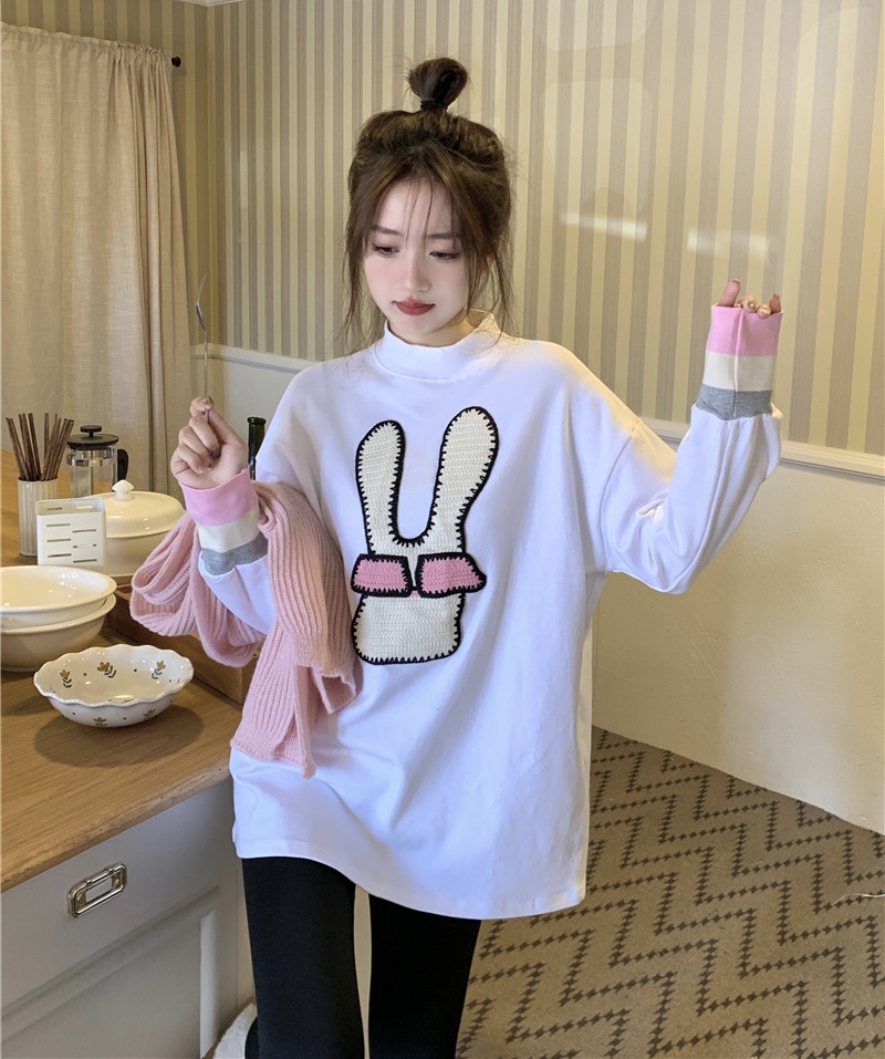 New Korean style loose bunny embroidered plus velvet half turtleneck T-shirt long-sleeved bottoming top for women, real shot
