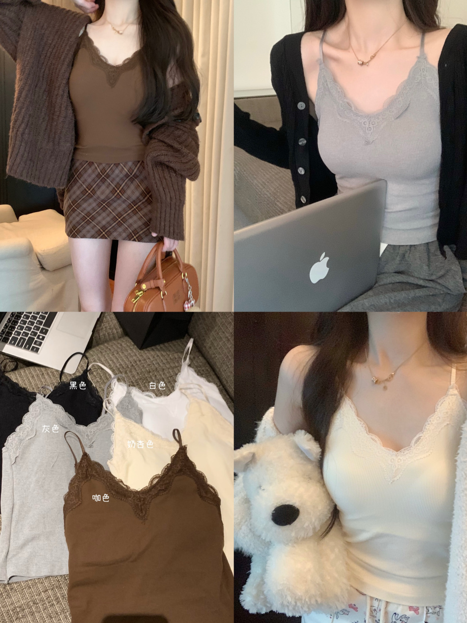 實拍~ 蕾絲拼接背心打底女內搭自帶胸墊吊帶上衣