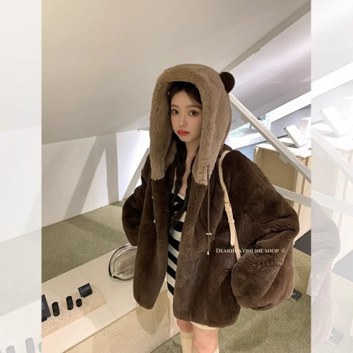 Cute Bear Bear Rabbit Imitation Rex Rabbit Plush Fur Coat 2023 New Autumn and Winter Hooded Thickened Fur Coat Women's Trend
