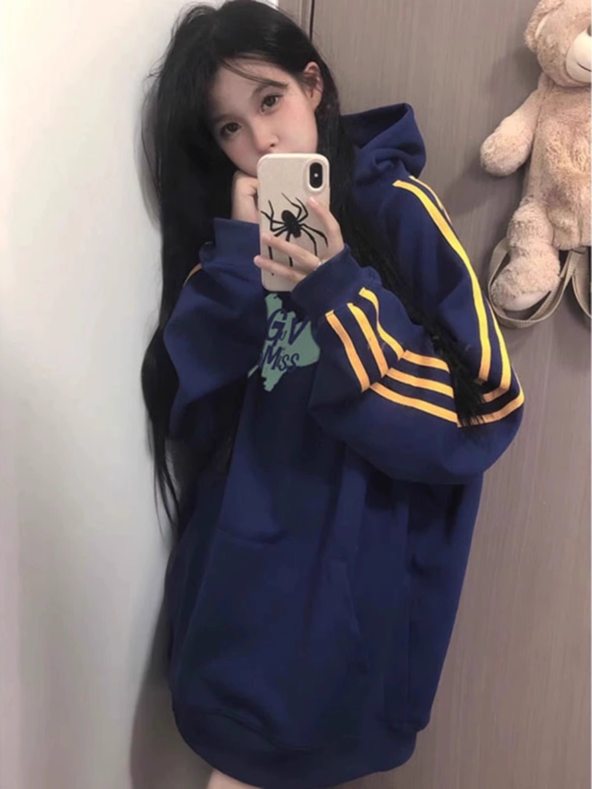 華棉復牛奶絲秋冬薄款300克加絨400克印花三條槓連帽衛衣女潮