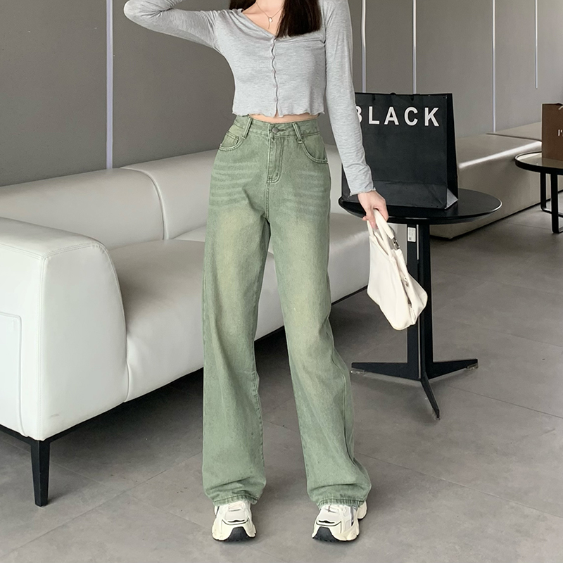 實拍~美式高街直筒牛仔褲女2023復古高腰小眾設計感綠色長褲