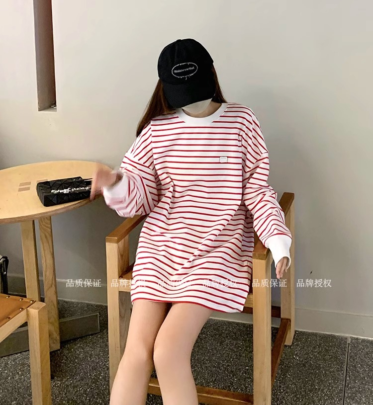美式復古條紋長袖t恤女春秋設計感圓領胖MM專屬
