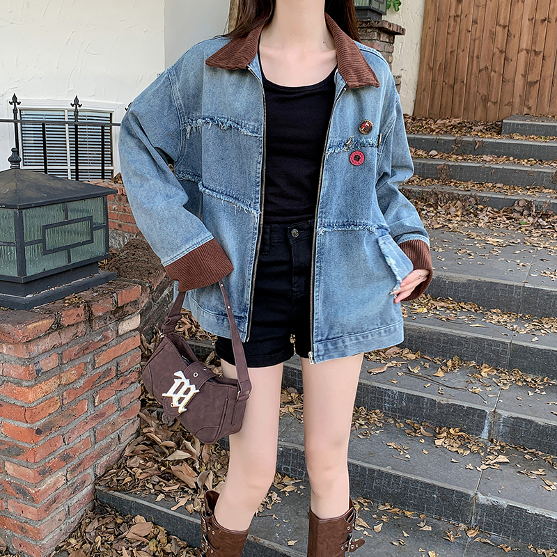 Actual shot ~ Retro medal raw edge contrasting color splicing jacket for women in autumn ins loose versatile niche jacket