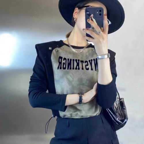 Original workmanship  new autumn fashion sleeve color block letter top women's casual shoulder pad long-sleeved T-shirt for women