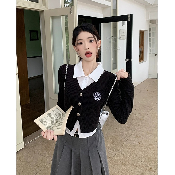 原版做法2023韓版時尚假兩件Polo領襯衫女秋季拼接短款上衣