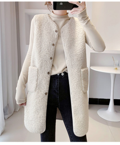 Mid-length vest for women in autumn and winter, mid-length imitation lamb hair vest, fashionable new style, versatile women's coat