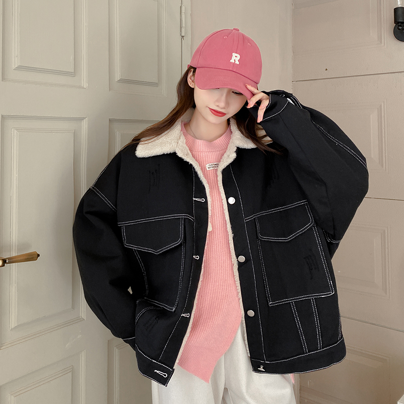 實拍~寬鬆長袖翻領牛仔棉衣外套新款韓版加絨加厚工裝棉服女