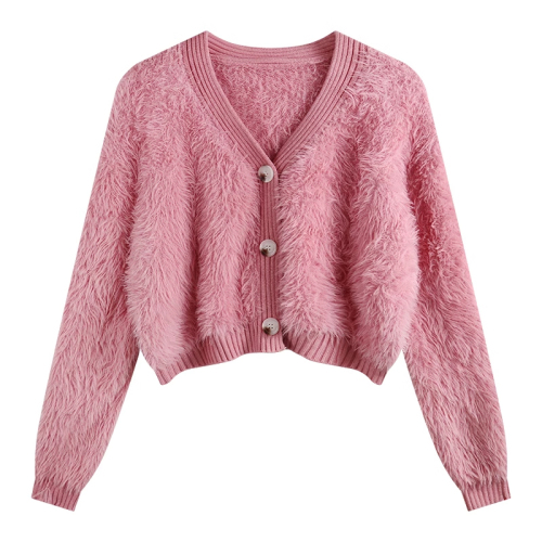 Pink furry top knitted sweater for women with pure lust, gentle style, soft and waxy cardigan, small coat, short style for little people