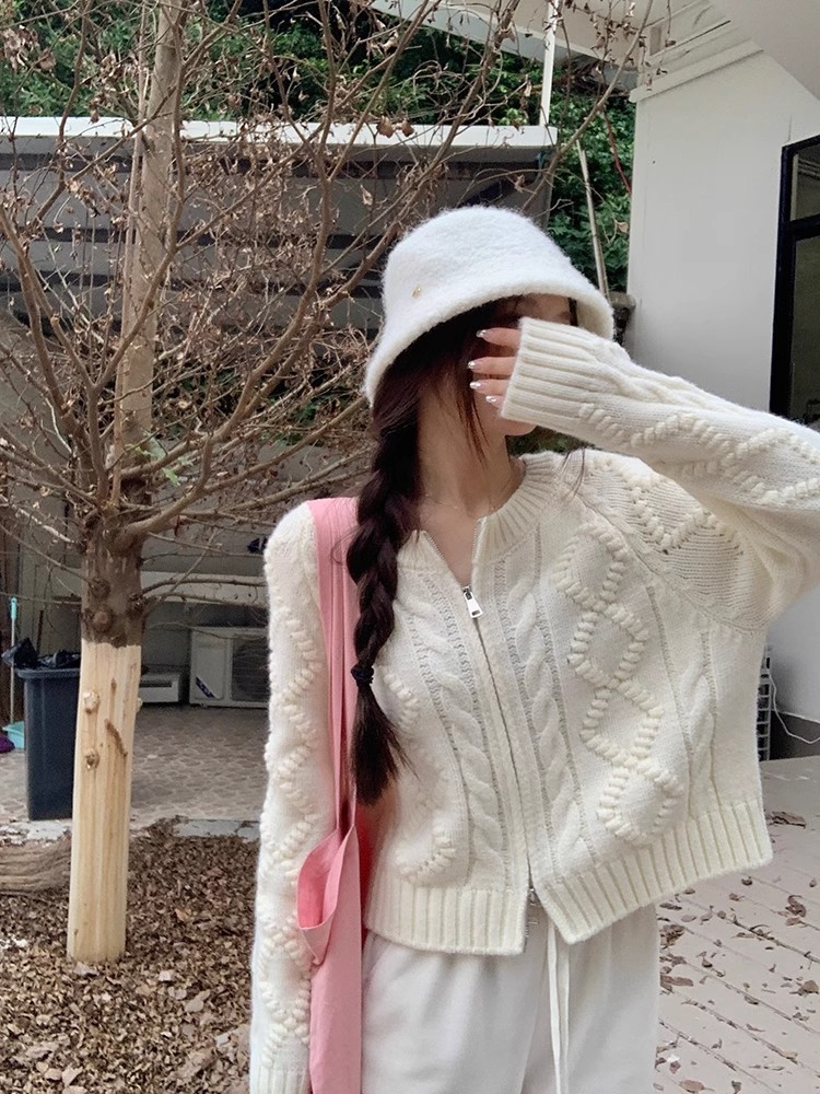 Korean style retro twist double zipper sweater jacket for women autumn round neck loose diamond knitted short cardigan top