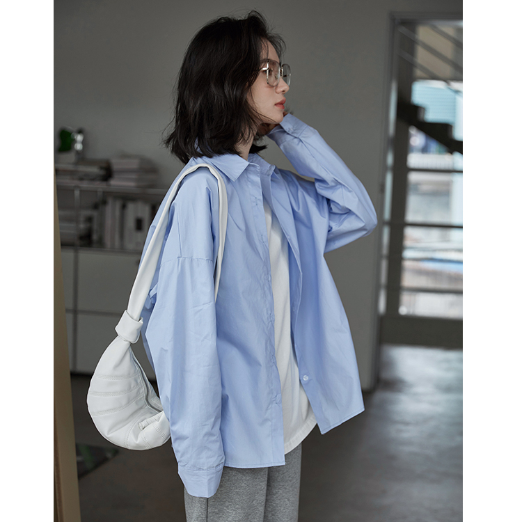 Real shot design niche blue shirt women's temperament autumn top long-sleeved Hong Kong style 2023 new shirt for women