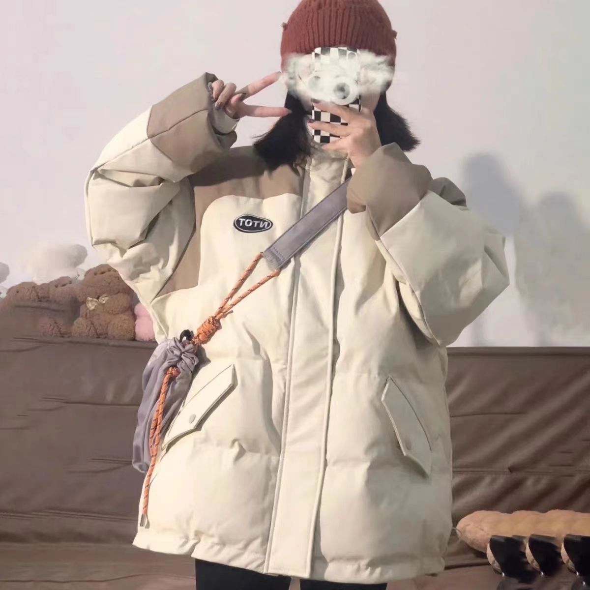 Stitching design short down jacket for women 2023 new style small couple thickened bread jacket cotton jacket trendy