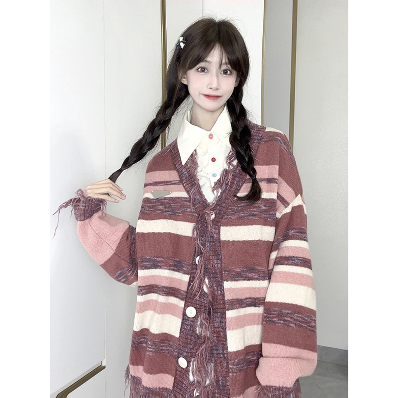學院風流蘇紅色開衫毛衣女春秋寬鬆設計感條紋大v領針織衫外套潮