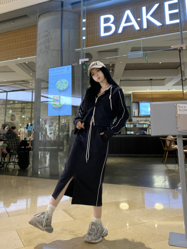 Actual shot~Large size double zipper hooded jacket for women + high waist tie front slit skirt two piece suit