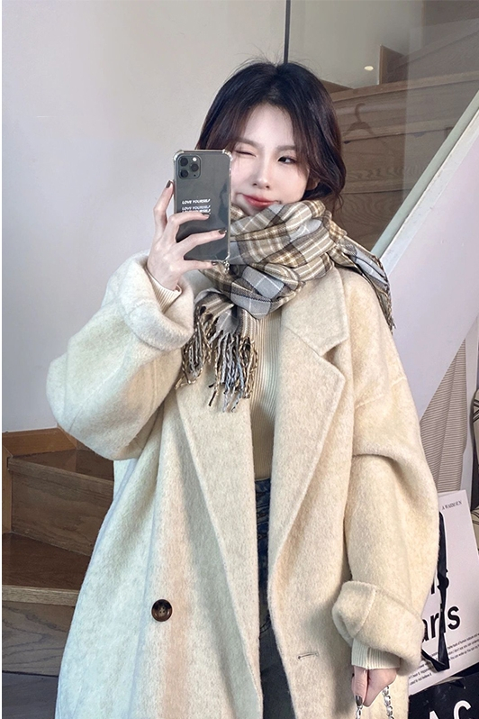 秋冬新款韓版寬鬆小個子中長款赫本風羊加厚保暖毛呢外套女