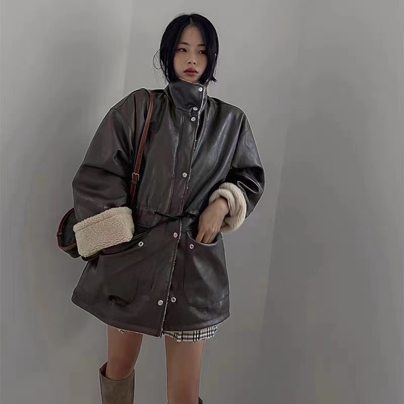冬裝ins寬鬆中長款羊羔毛PU皮外套女新款保暖大衣加厚雙面穿