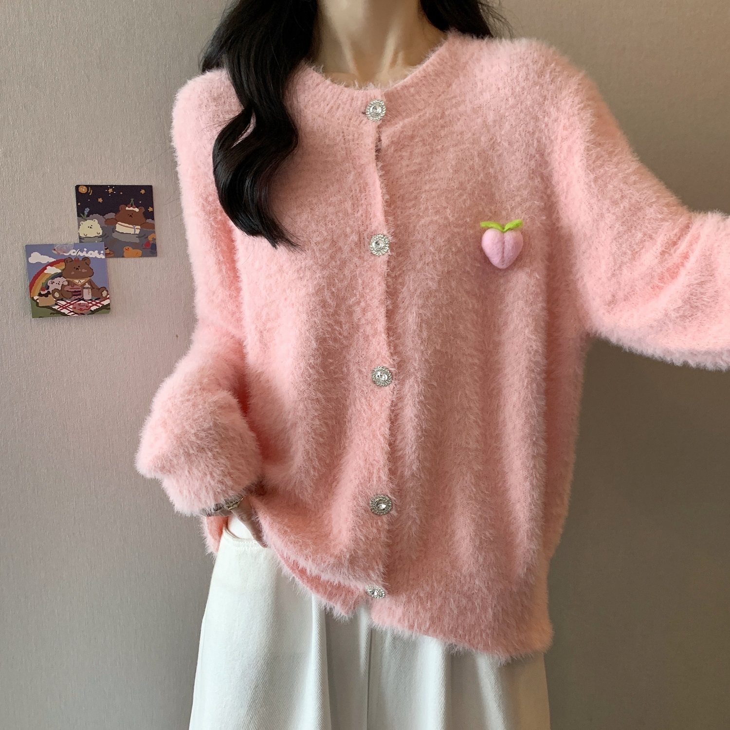 實拍~秋冬設計感羊毛氈水蜜桃粉色水貂絨毛衣針織開衫女冬
