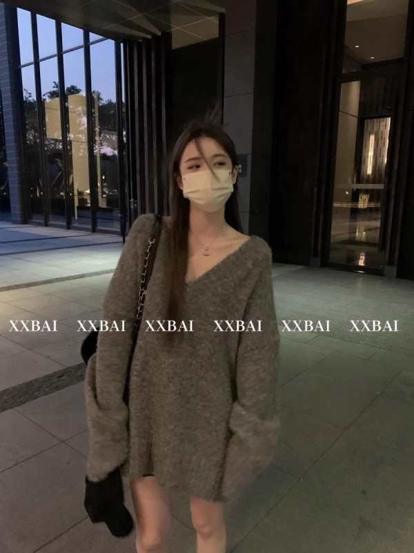 XXBAI 寬鬆慵懶大v領套頭毛衣女小個子中長款針織衫2023新款秋裝