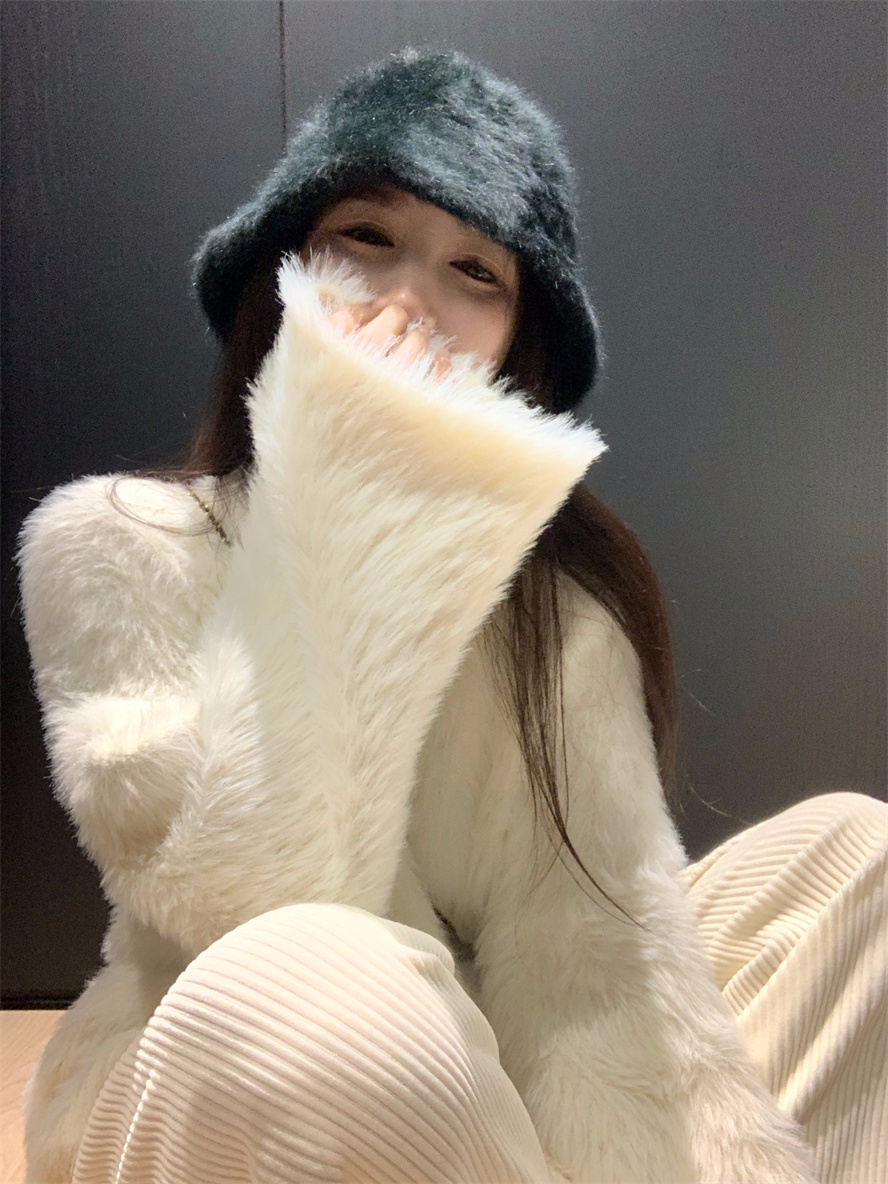 溫柔慵懶風v領套頭毛衣女秋冬季寬鬆針織衫仿水貂毛白色上衣外穿