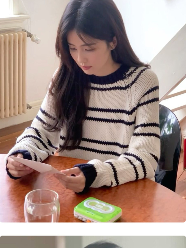 白鹿同款復古撞色條紋毛衣女秋冬oversize寬鬆慵懶套頭加厚針織衫