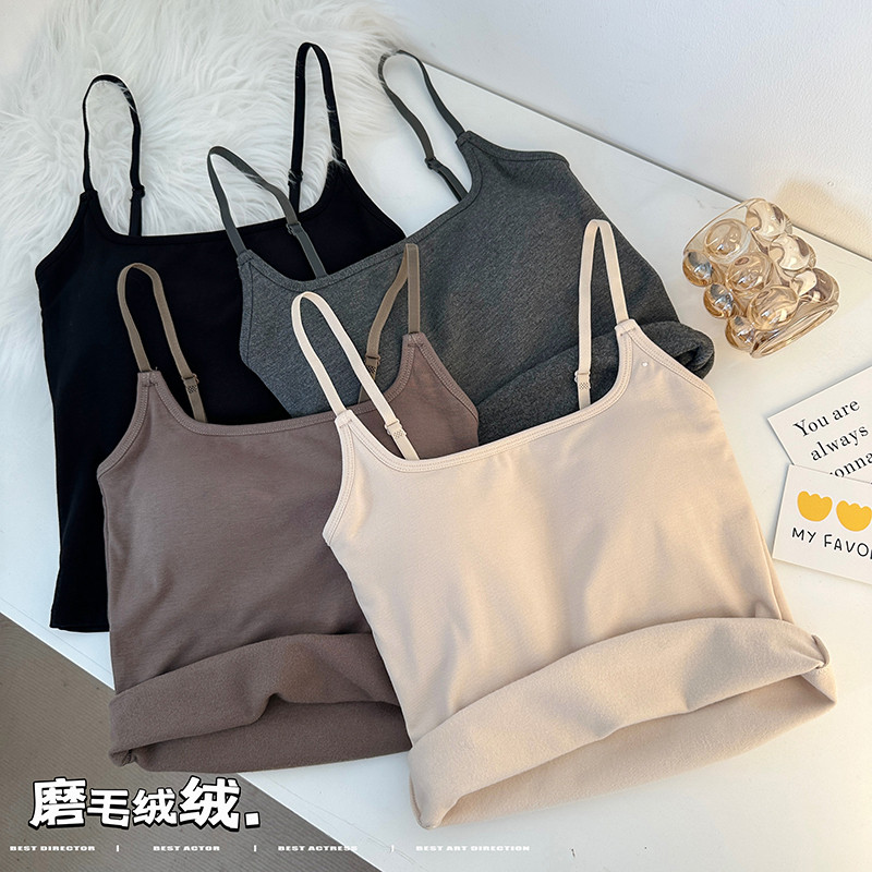 實拍~秋冬新款磨毛加絨吊帶背心方領修身純欲無袖打底衣