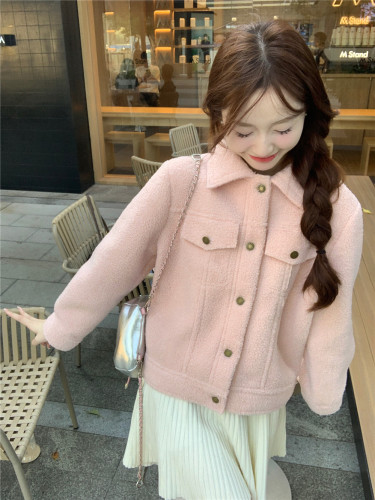 Actual shot of new autumn and winter lamb wool thickened short coat for women, Korean style imitation mink velvet versatile top for little people