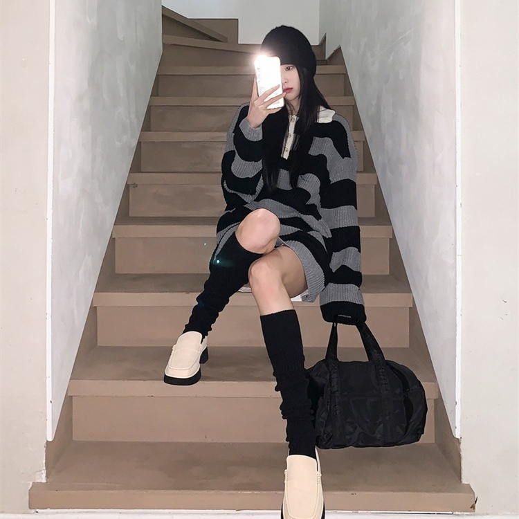 翻領休閒條紋寬鬆中長款毛衣