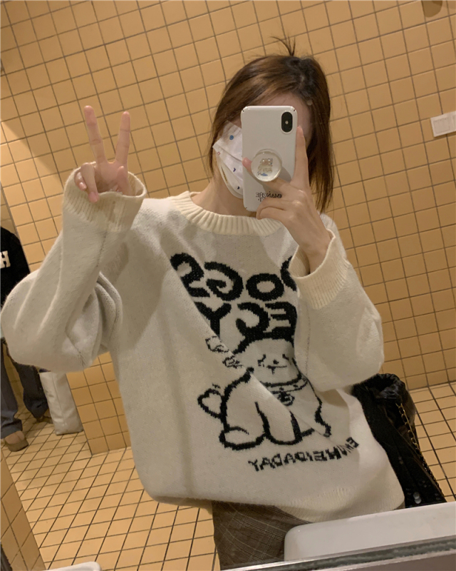 乖巧學妹~鬼馬少女狗狗印花圓領毛衣秋冬慵懶寬鬆圓領上衣