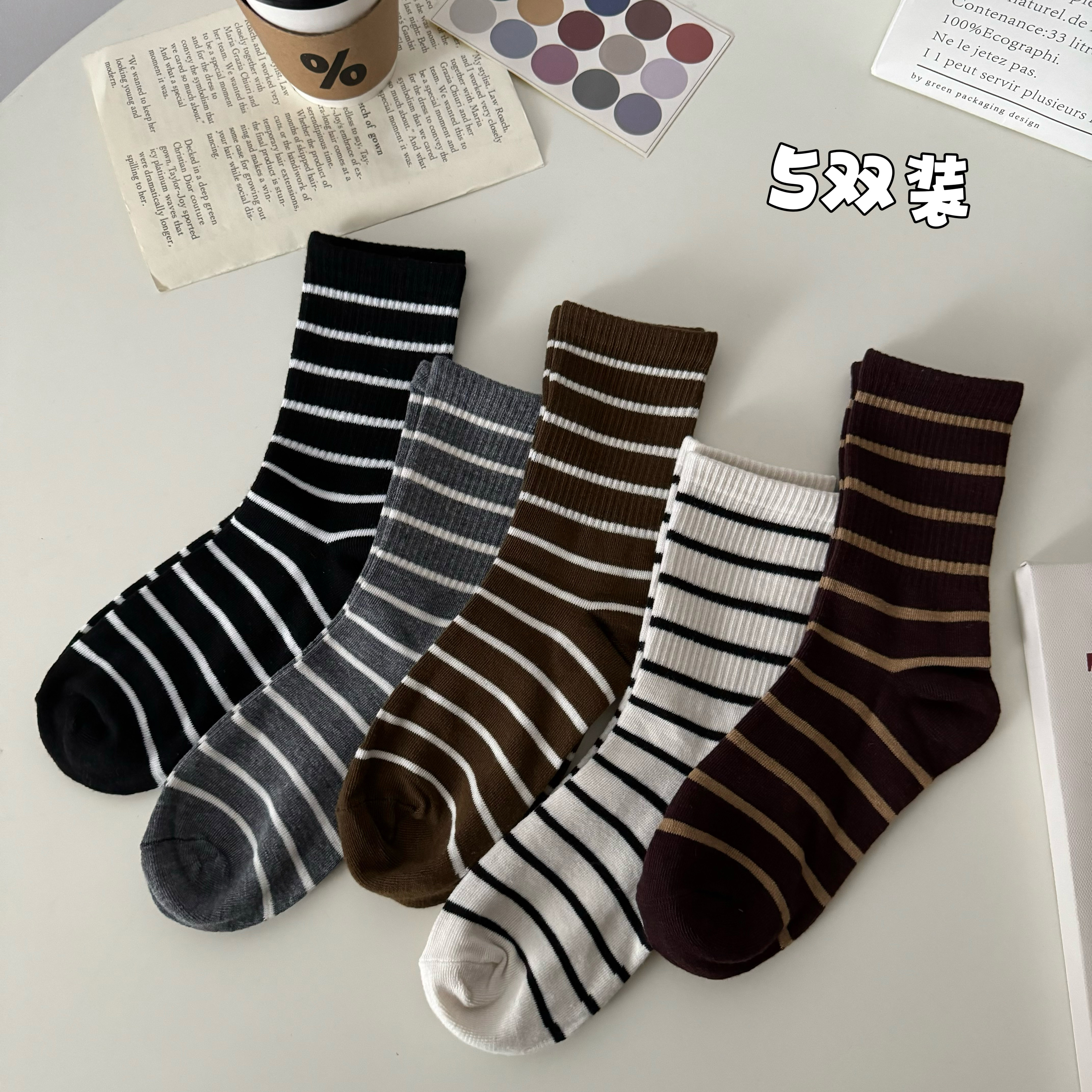 Real shots of autumn and winter striped versatile socks for women mid-calf socks pile socks long socks women's socks pure cotton 5 pairs