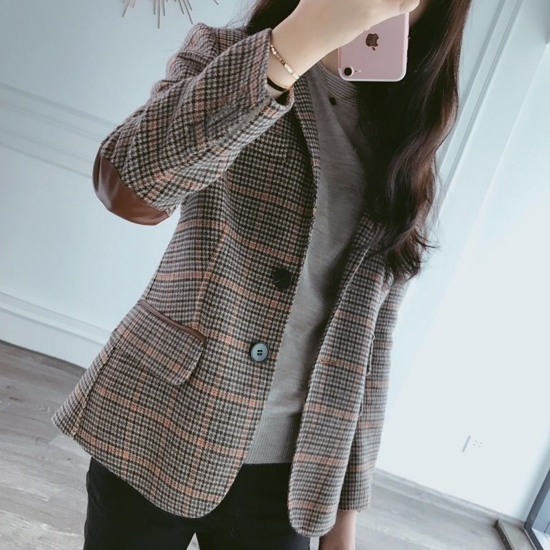 格子西裝外套女春秋2023新款韓版英倫風毛呢加厚休閒小西服上衣女