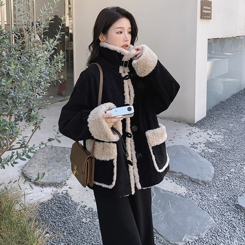 黑色復古燈芯絨羊羔毛外套女2023秋冬新款韓系慵懶風厚加絨上衣