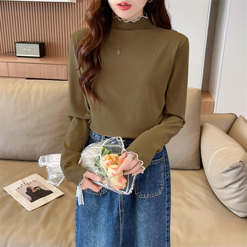 實拍 秋冬新款寬鬆280克德絨木耳領保暖拼接長袖打底衫T恤女