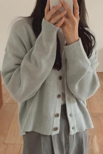 韩国chic简约百搭纯色纽扣毛衣外套长袖针织开衫女