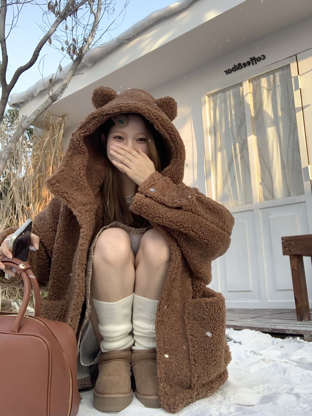 Real shot of three standard furry and waxy bear ears hooded jacket for women