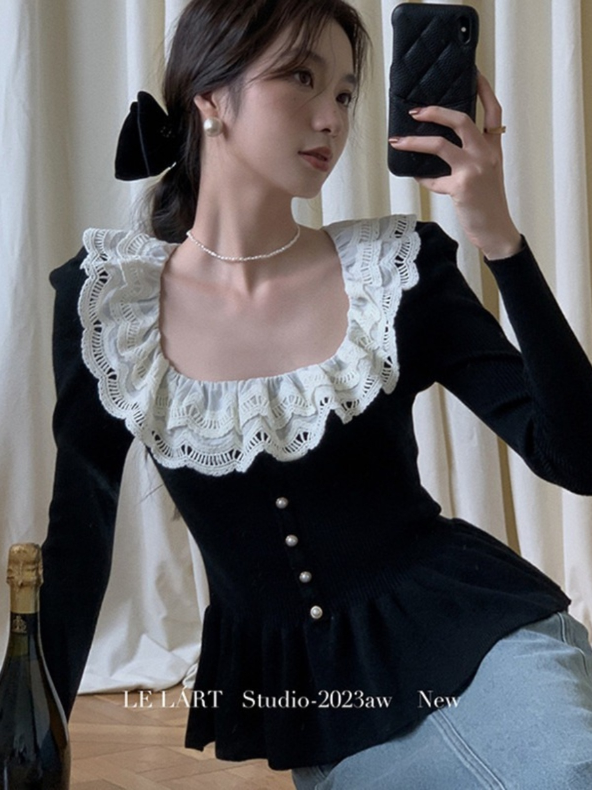 法式赫本名媛氣質方領毛針織高級設計感蕾絲荷葉邊裙擺打底衫秋冬