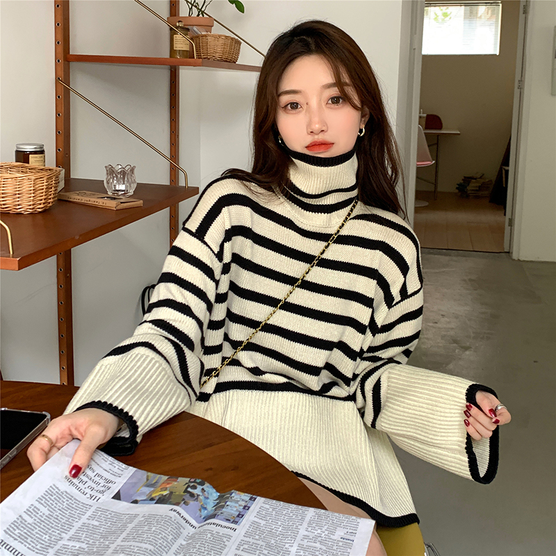 Lazy style turtleneck striped sweater autumn and winter 2023 new loose side slit inner knitted sweater long-sleeved top for women