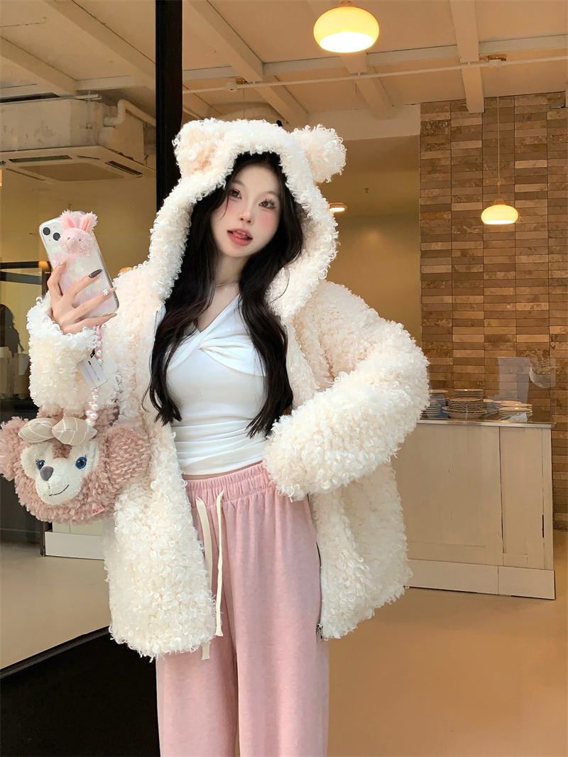Actual shot of bear fur～environmentally friendly curly hair loose and thickened warm jacket