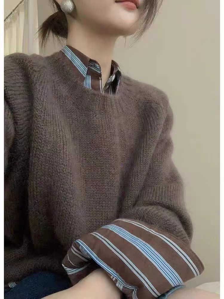 美拉德棕色復古軟糯毛衣套頭女外穿秋冬寬鬆慵懶加厚針織內