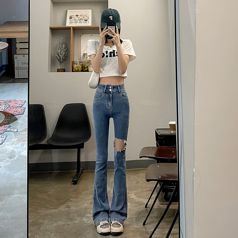 實拍2023秋季時尚潮流破洞修身微喇美式復古牛仔褲女