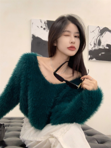 Actual shot~6 colors/design pure desire V-neck sexy solid color imitation mink velvet simple short sweater for women