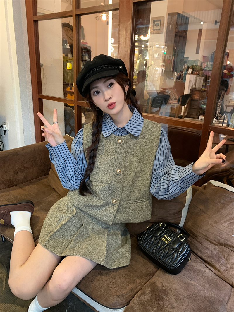 實拍 美拉德套裝女小香風馬甲條紋襯衫百褶短裙半裙三件套