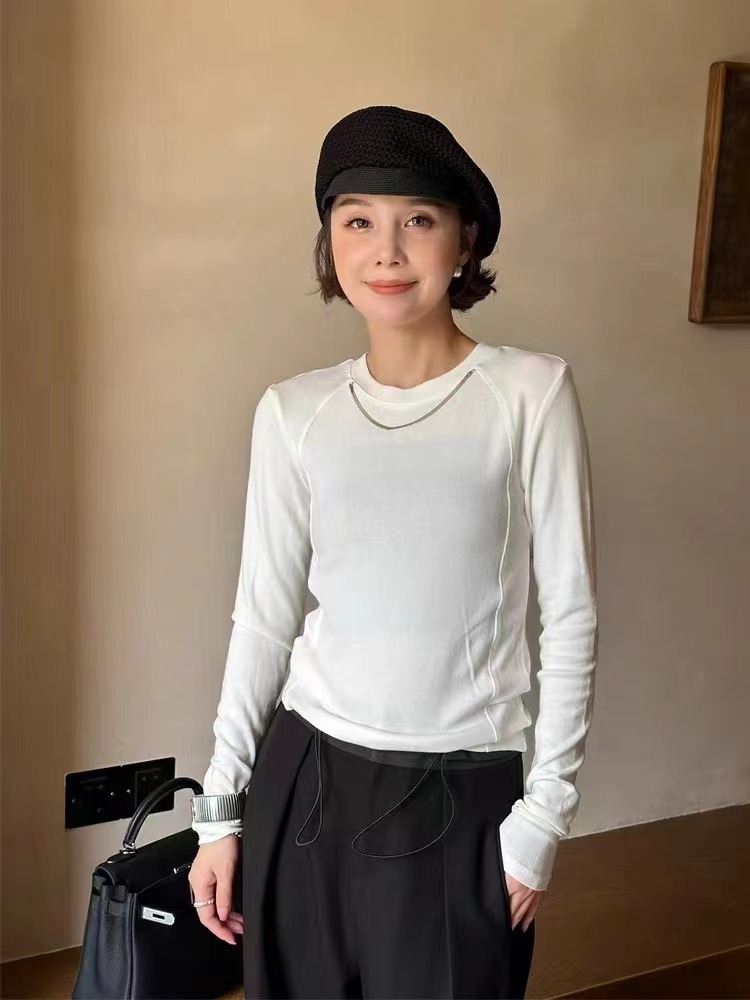 2023秋季新款鏈條純色簡約螺紋T恤女長袖洋氣彈力內搭打底衫上衣