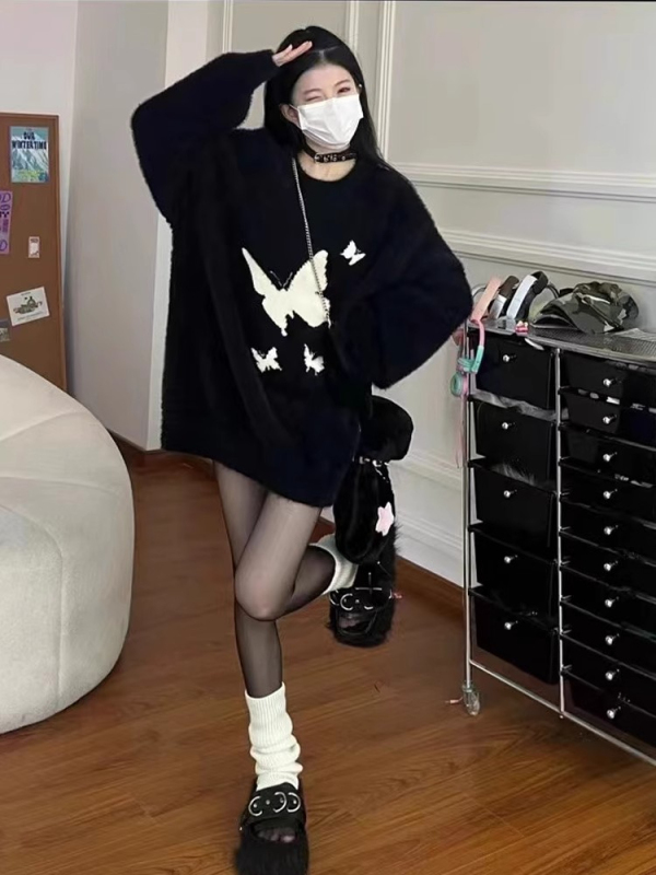 軟糯溫柔蝴蝶慵懶風秋冬新款毛衣女寬鬆復古仿水貂絨甜辣針織衫厚